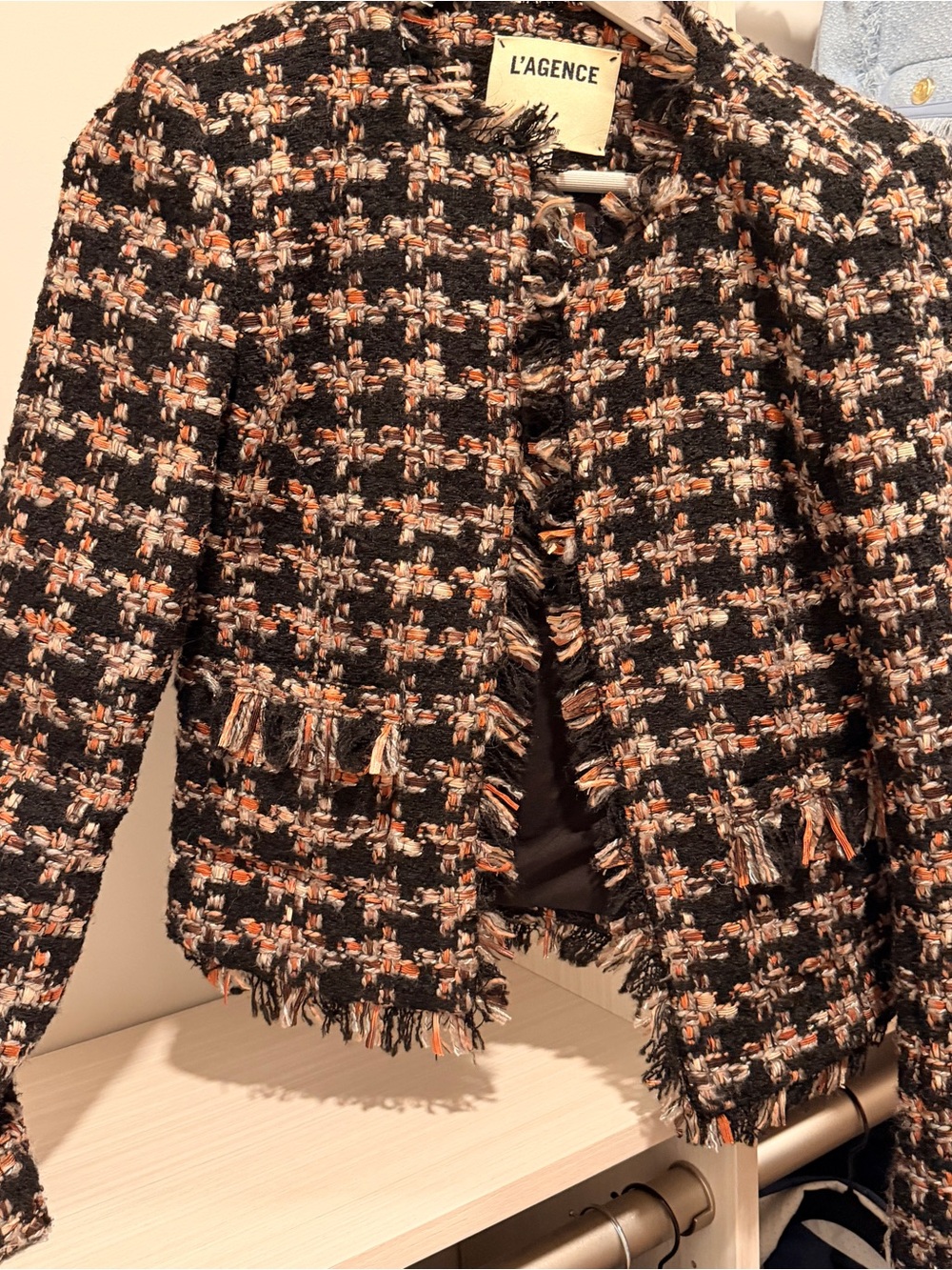L'AGENCE Black Tweed Fringe Open-Front Jacket with Orange Accents